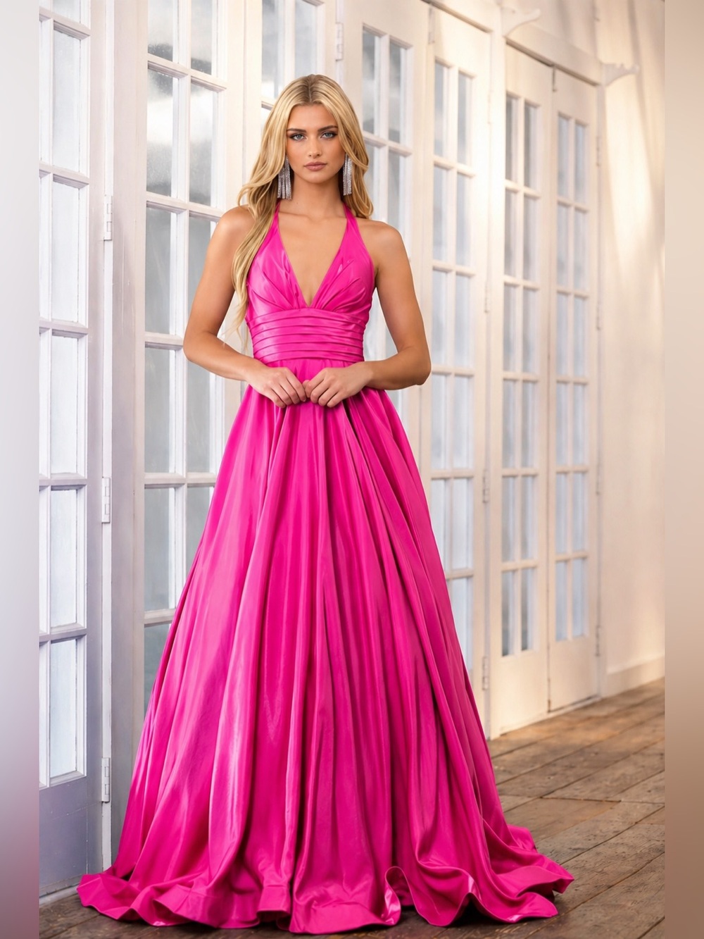 NEW Ava Presley Hot Pink Style #39562 Size 4 Halter V-Neck Evening Gown